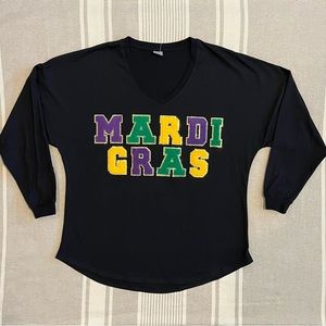 Women’s Mardi Gras Long Sleeve Top XL Black Chenille Lettering Fat Tuesday